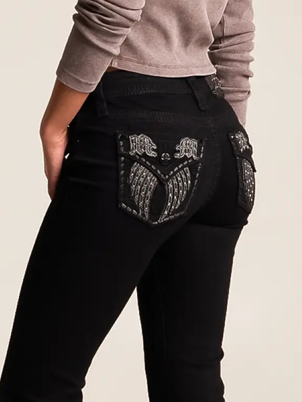 MissMe Black Boot Cut Jeans with Embellished Back Pockets Womens 26 X 32 Or 4